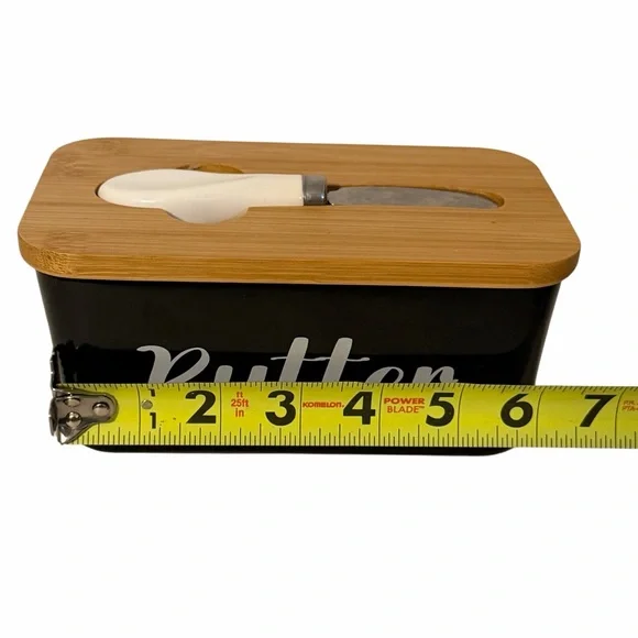 Unmarked Black Ceramic Butter Keeper Bamboo Lid Knife Farmhouse Kitchen Decor - Picture 7 of 7